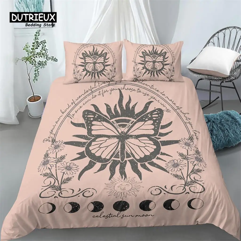 Chic Sun And Moon Duvet Cover 3D Floral Comforter Cover Bohemia Psychedelic Butterfly Bedding Set King Full For Kids Boys Girls