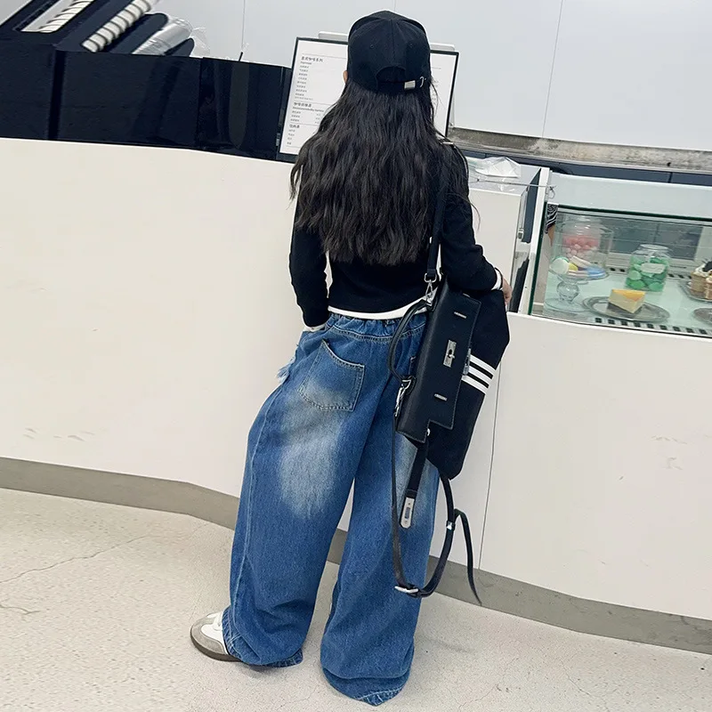 Girls Pants 2024 Autumn New Childrens Wear Korean Style Girl Baby Foreign Style Wild Edge Wide Leg Jeans Casual Simple Tide image 2