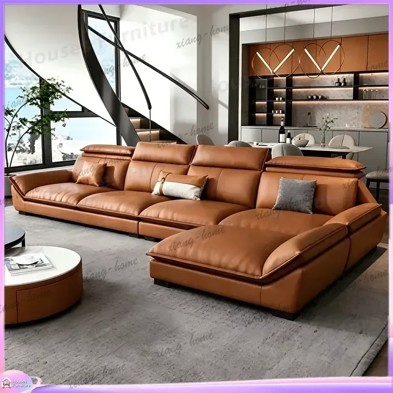 PG Modern L Shape Leather Sofa Set Italian Luxury Corner Couch Full Grain Brown Living Room Furniture Large Sectional Seating