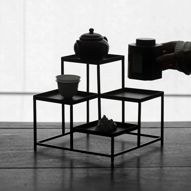 Handmade Wrought Iron Tea Set Display Rack for Teapot and Cup Storage Bogu Shelf Artistic Tea Room Decor Organizer Stand