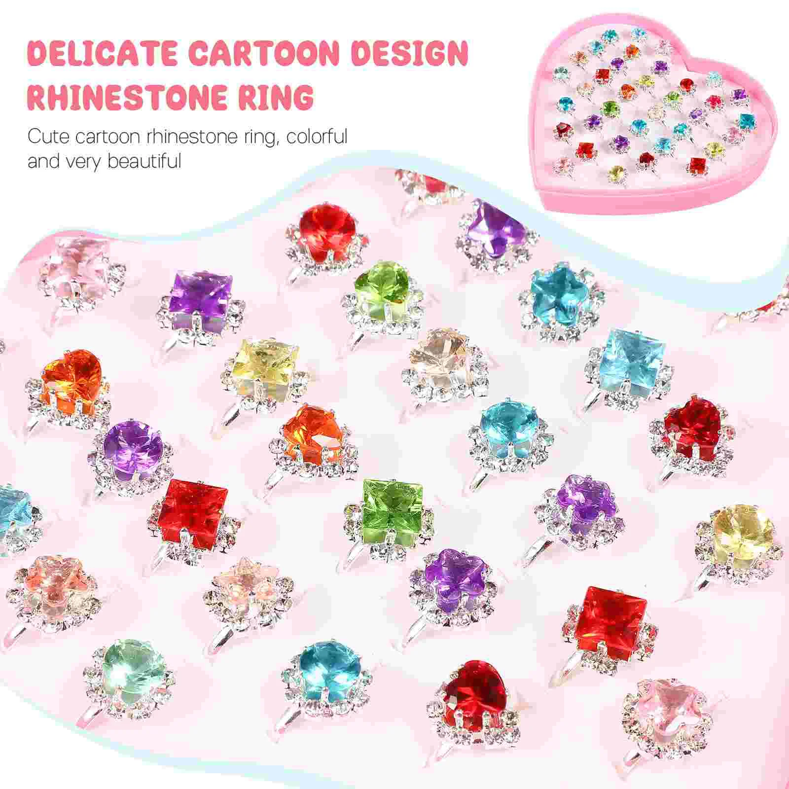 Juego de anillos de diamantes de imitación para niños, sortija ajustable con diamantes de imitación, surtido brillante, 36 piezas