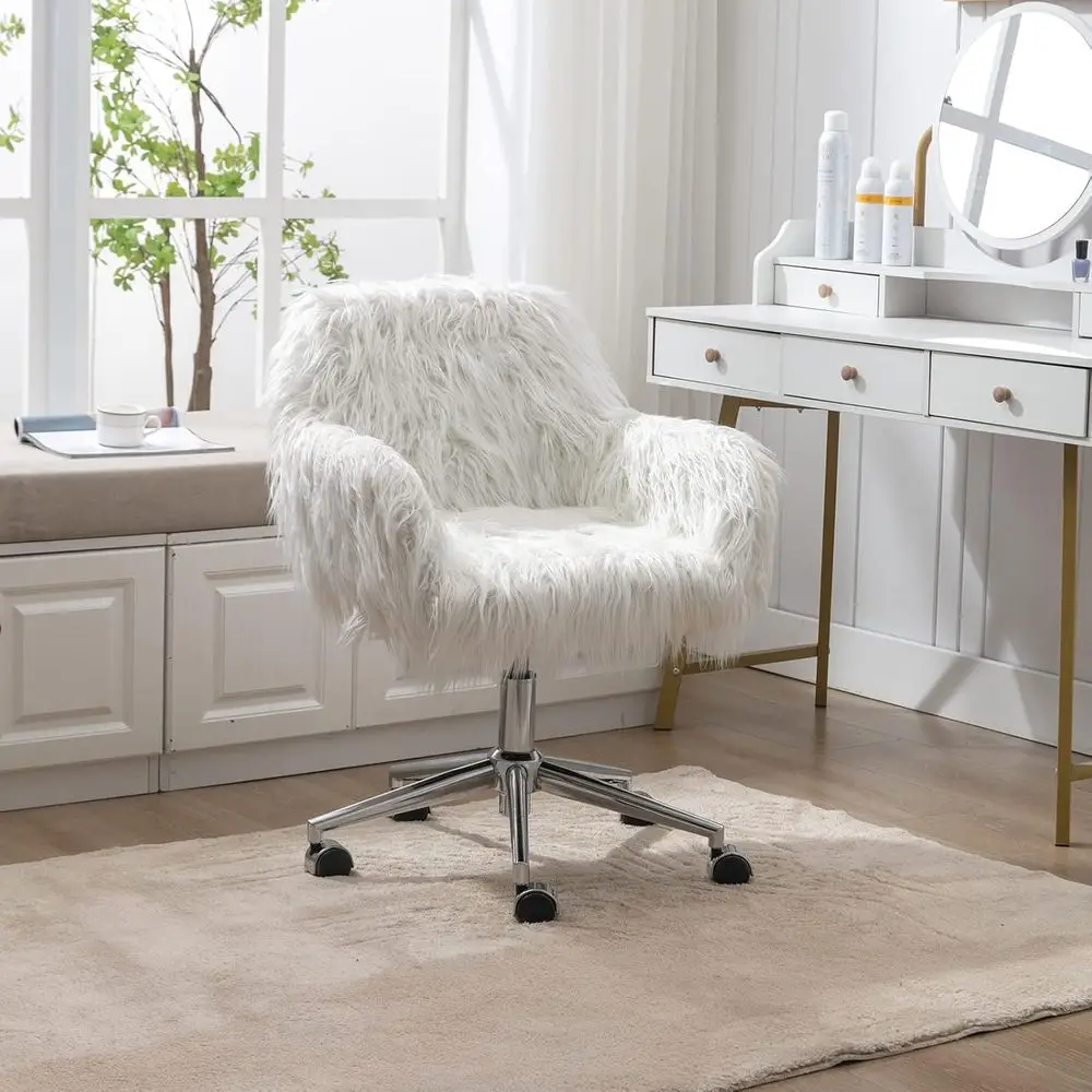 

White aux ur Desk Chair, Cute Upholstered Padded Seat, Vanity Accent ern Height Adjustable Swivel Oice Chair or Living Room Make