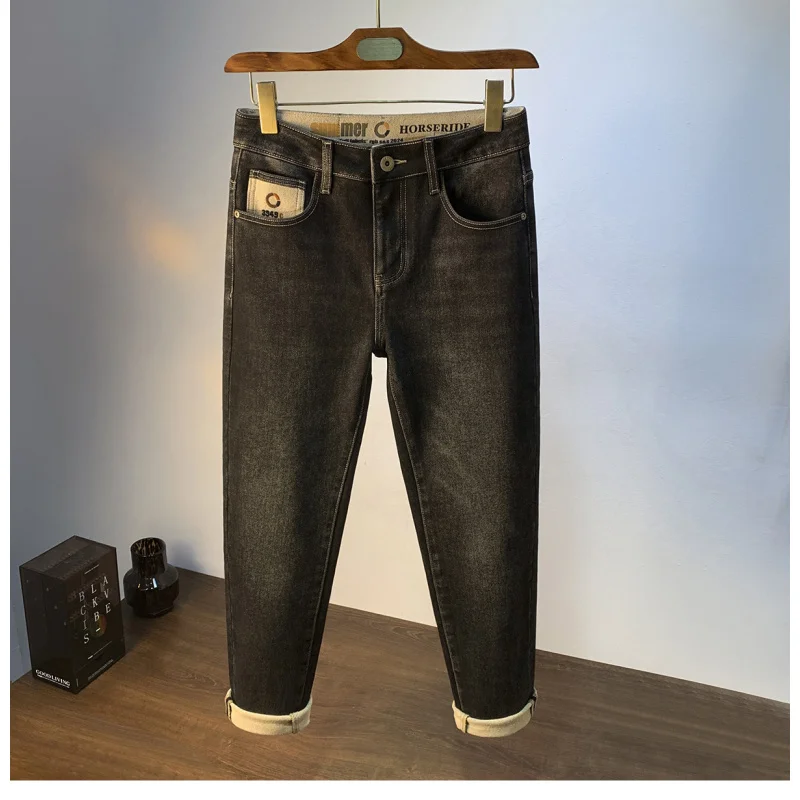 

Black gray fleece jeans for men, thick and plush warm fit, slim fit, small feet, winter elastic casual long pants