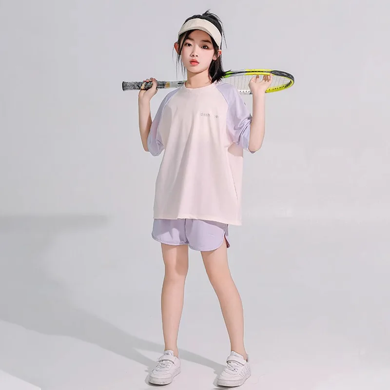 

Летний спортивный комплект для девочек из быстросохнущего и ледяного шелка, легкий топ с короткими рукавами и байкерские шорты, комплект из двух предметов