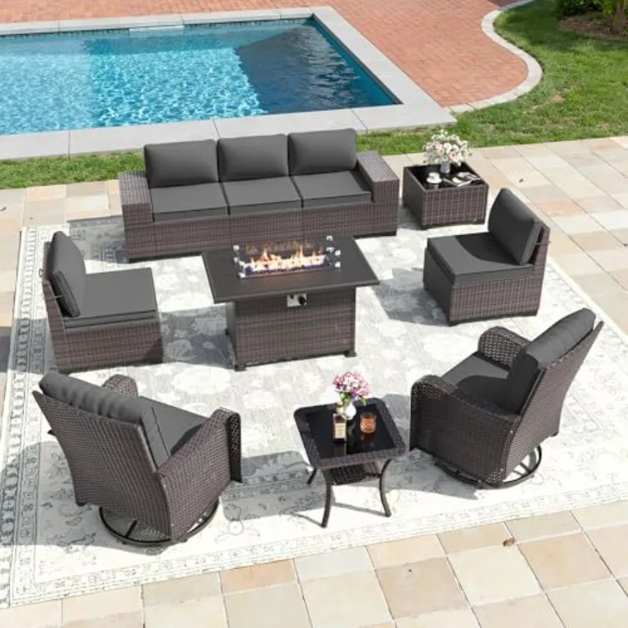 

Outdoor patio furniture set: 10 pcs sectional with swivel rocking chairs, all-weather PE rattan wicker, beige, includes 43 5500
