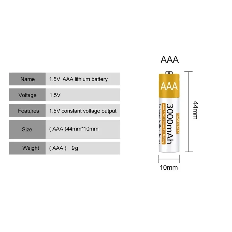 AAA Battery 1.5V Li-ion Rechargeable Battery 3000mAh AAA Lithium-ion Battery for Remote Control Mouse Small Fan Electric Toy