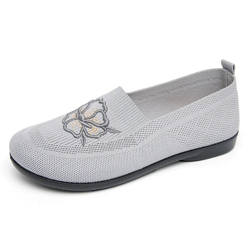 Women Knit Slip On Loafers Floral Embroidery Flat Shoes Breathable Mesh Soft Sole Elderly Mother Daily Walking Shoes view 3