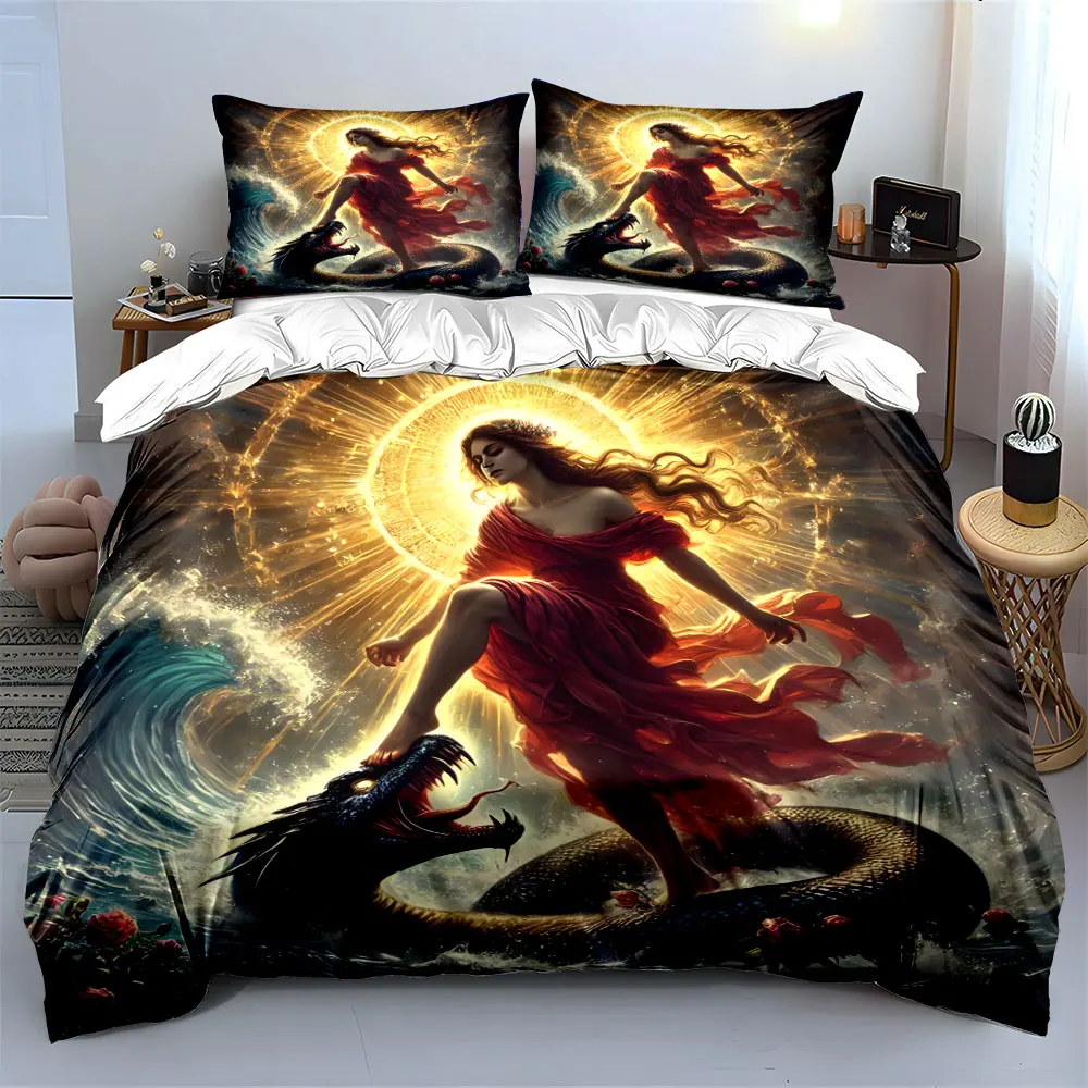 Goddess Red Dress Halo Waves Serpent Print Bedding Set 1 Duvet Cover 2 Pillowcases for Adult and Children Luxury Gift Full Size