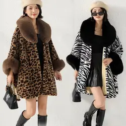 2024 Women Circle Faux Rabbit Fur Neck Winter Cape Thick Warm Leopard Printed Cloak Batwing Sleeves Loose Streetwear Overcoat