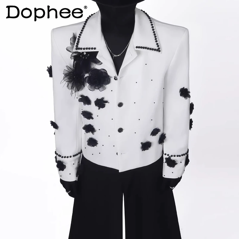 

Men's 2026 Spring Light Luxury Blazers Three-dimensional Flower Pearl Diamond Suit Jackets Personalized Trendy Tailored Coats