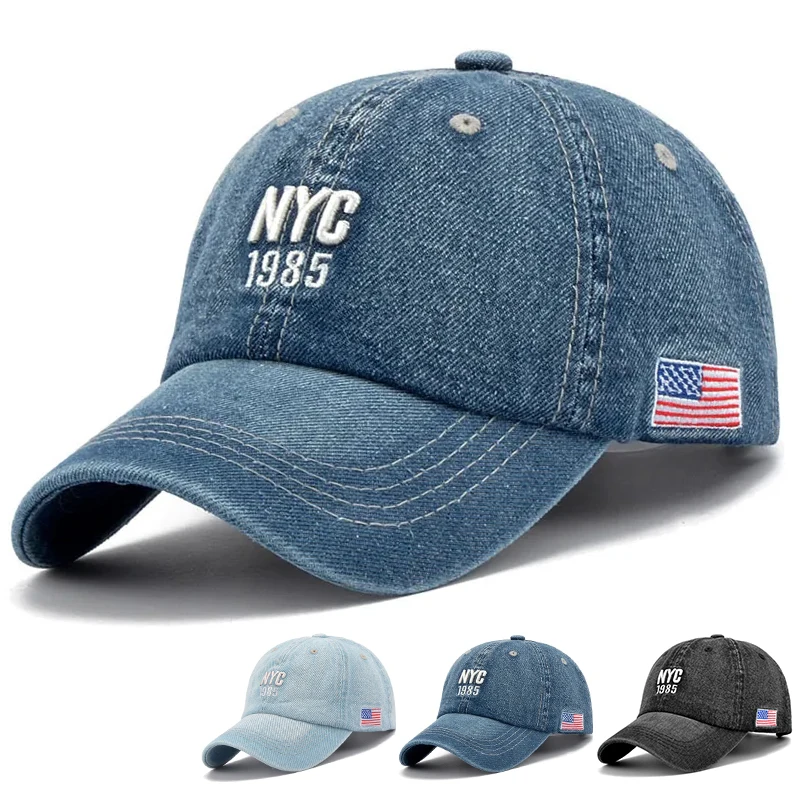 Fashion NYC 1985 Embroidery Denim Snapback Baseball Caps Adjustable Outdoor Casual Adult Wash Sports Golf Sun Hats