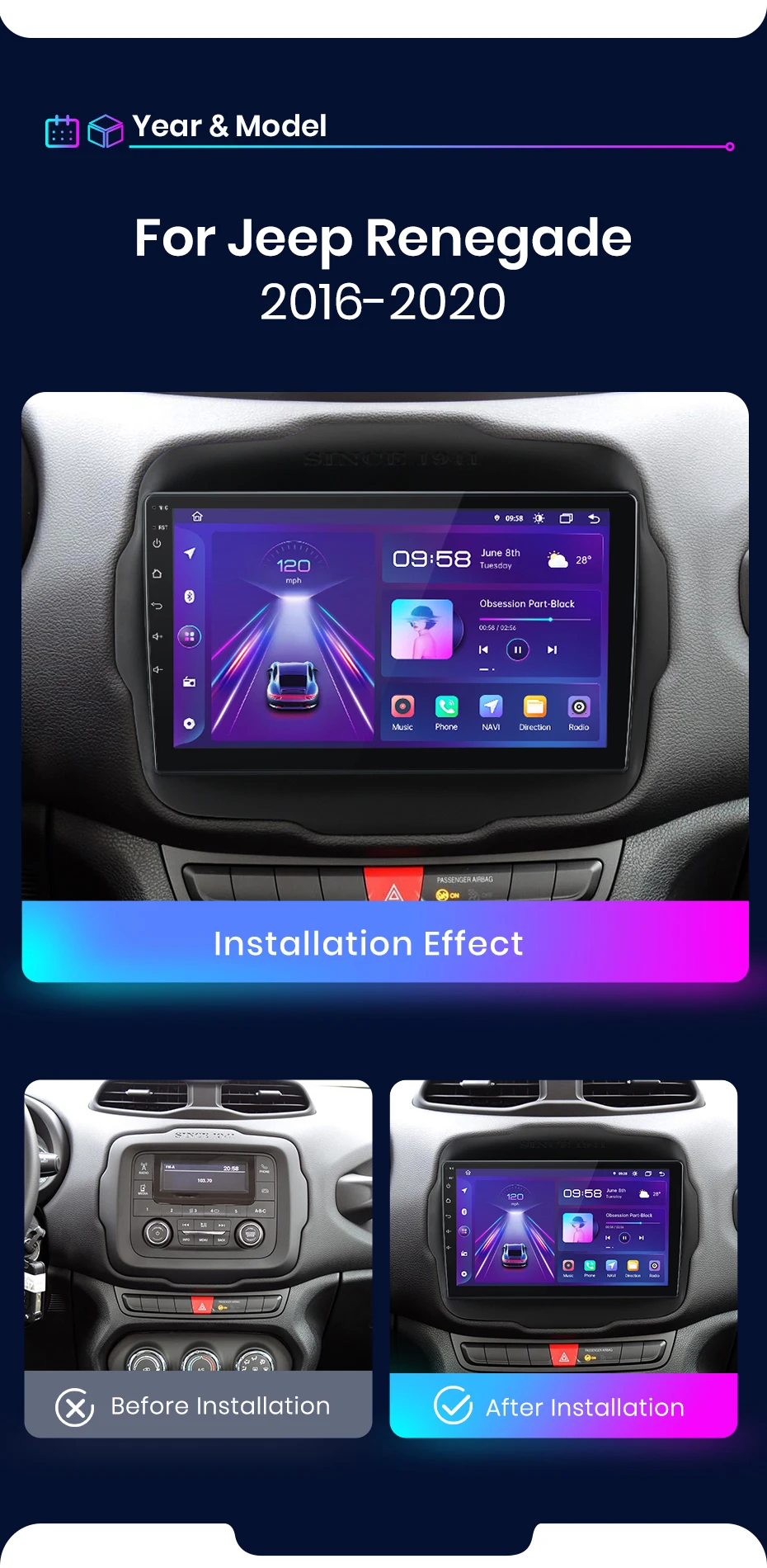 Junsun Wireless Carplay Android Auto Autoradio für Jeep Renegade 2016-2020 GPS Intelligente Systeme Stereo Multimedia Autoradio – Detail 3