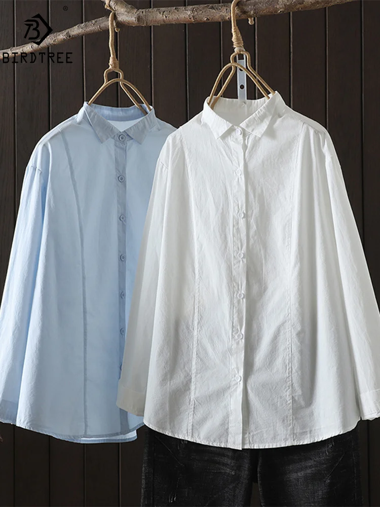 

Новая Осенняя хлопковая рубашка с длинным рукавом, Женский однотонный топ с отложным воротником, популярная Повседневная Свободная блузка Mori Girl, зима 2024, T485131QM