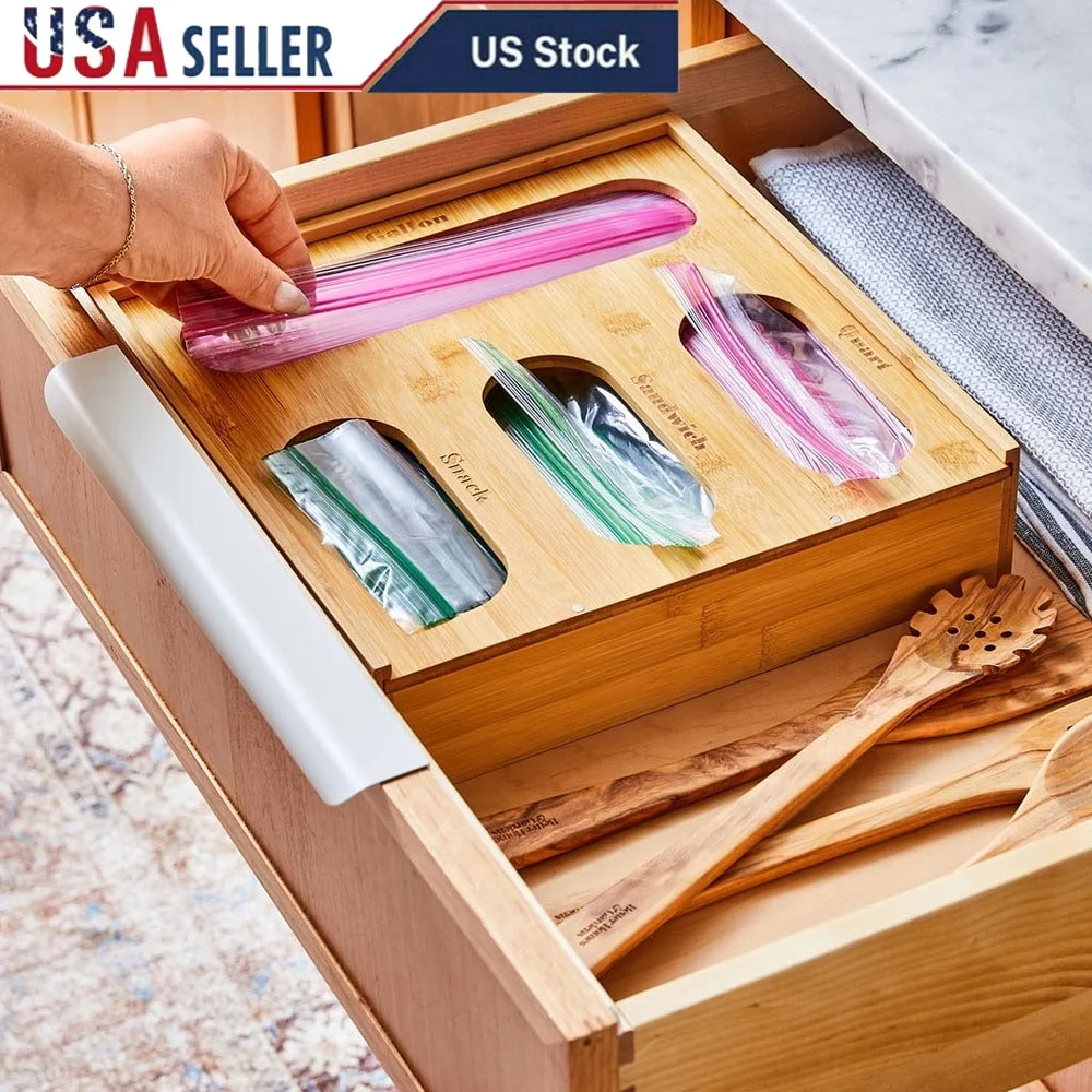 

Bamboo Plastic Bag Storage Drawer Organizer Eco-Friendly Kitchen Organizer with Magnetic Lid 4 Compartment Design Fits Standard