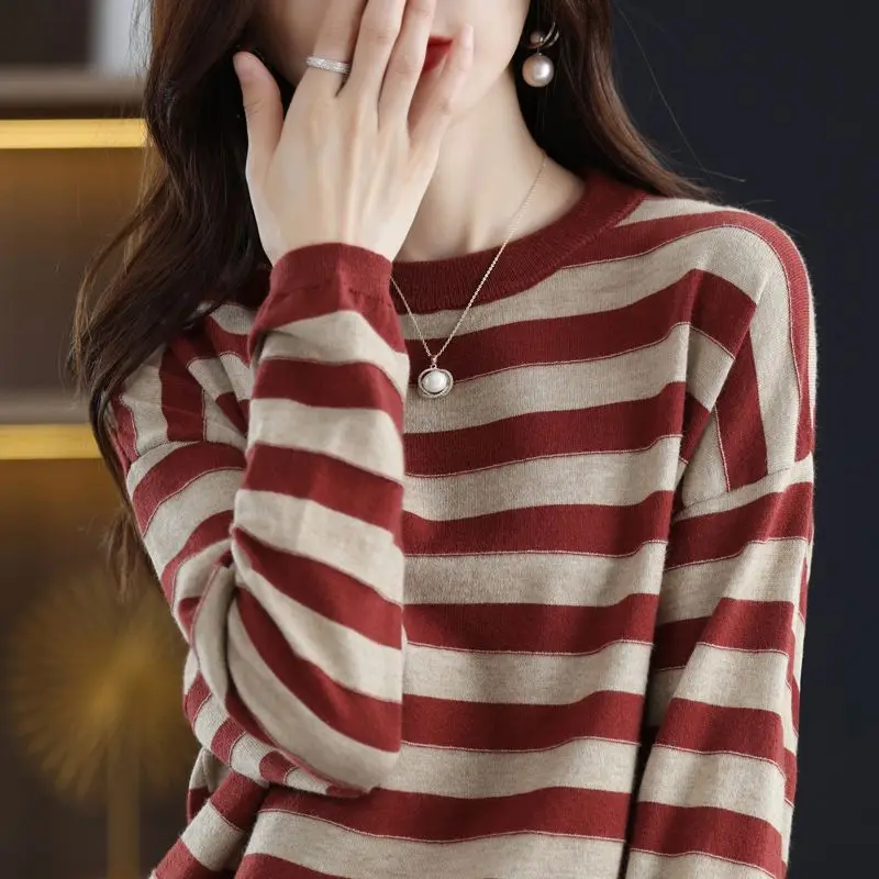 2022 Autumn Winter Korean Simple Striped Soft Basic Knitwear Jumpers Women Casual Round Neck Long Sleeve Pullover Tops Clothing