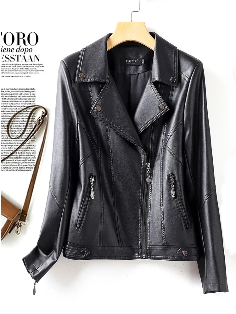 Giacca da motociclista in vera pelle da donna, slim fit, con colletto a giacca, alla moda, effetto snellente, Collezione Primavera 2025