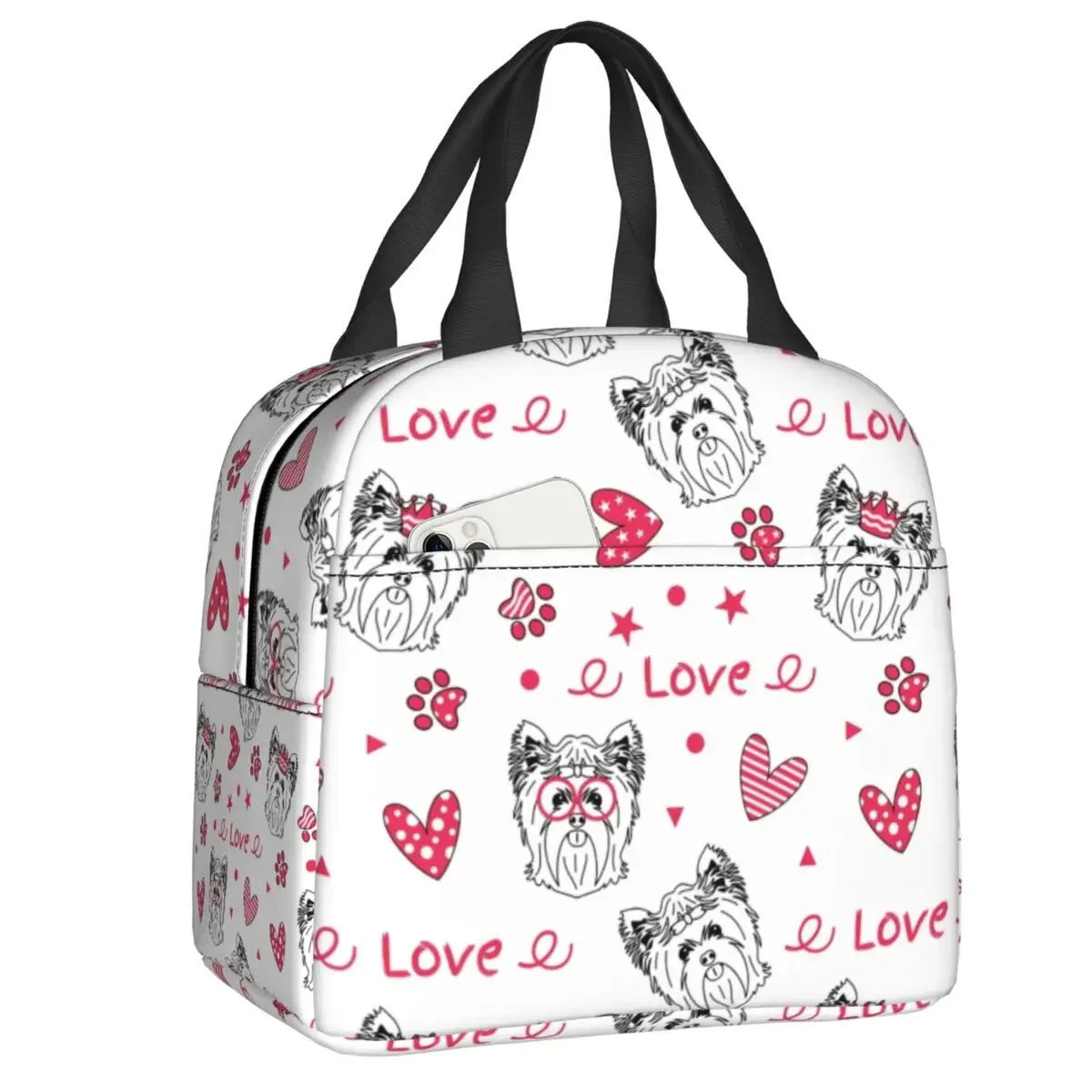 Custom Doodle Love Yorkshire Terrier Dog Lunch Bag Women Cooler Warm Insulated Lunch Box for Children School