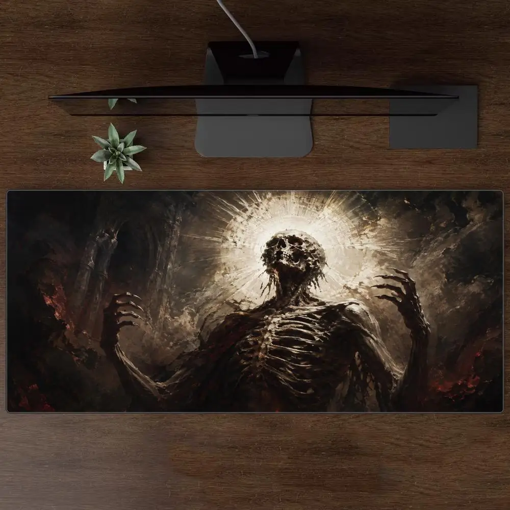 Dark Fantasy Skeleton Large Mouse Pad Gothic Ruins Mysterious Figure Art Desk Mat for Home Office Gaming Decor