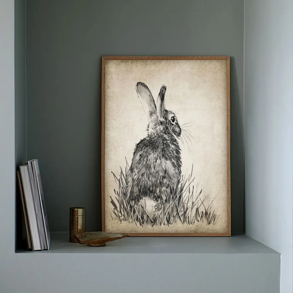 Canvas Print Painting Poster Rabbits In The Grass Retro Art Living Room Bedroom Porch Bedside Sofa Background Home Wall Decor