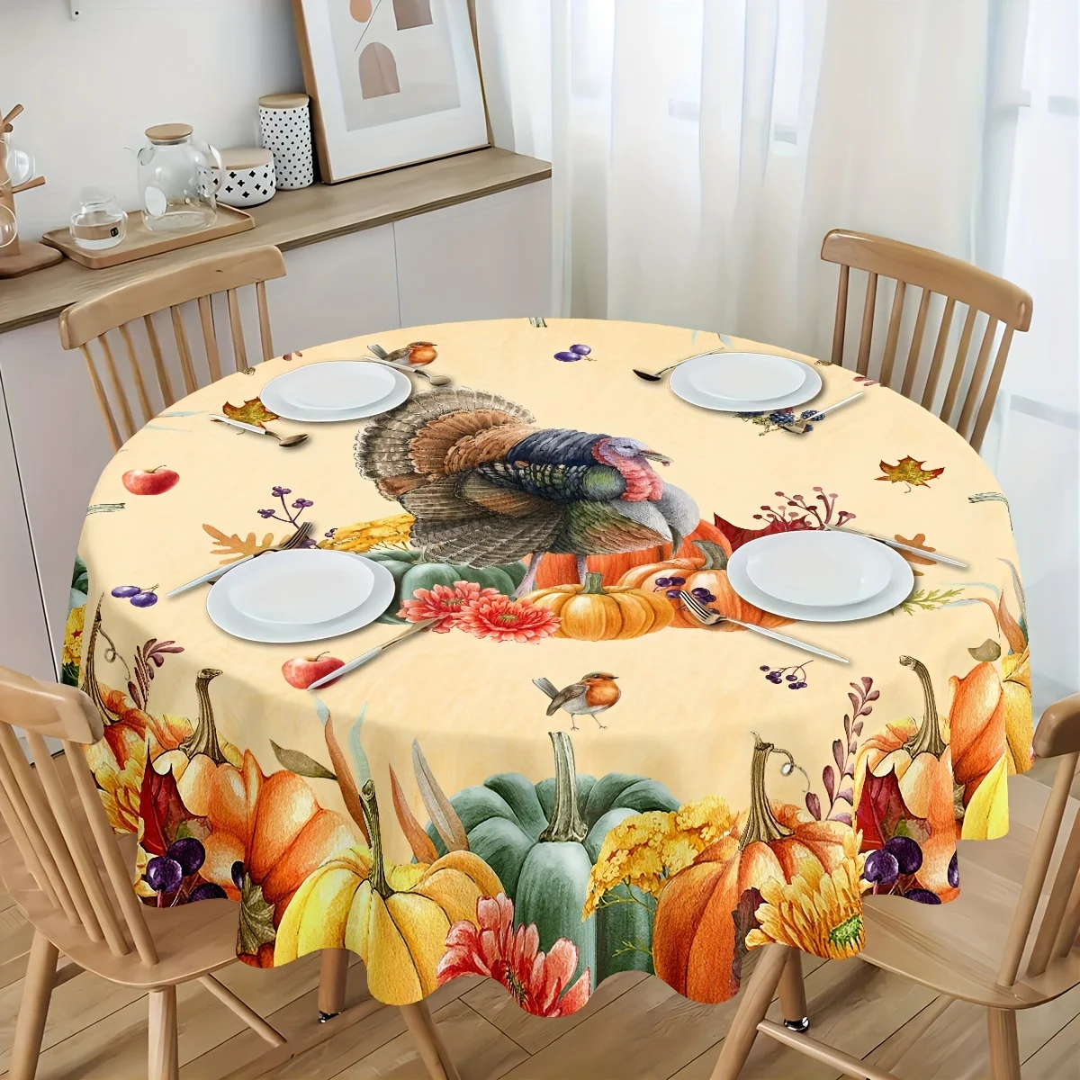 1 piece of vintage Thanksgiving turkey tablecloth - Pumpkin fruit and vegetable harvest table cover washable tableclothzyc
