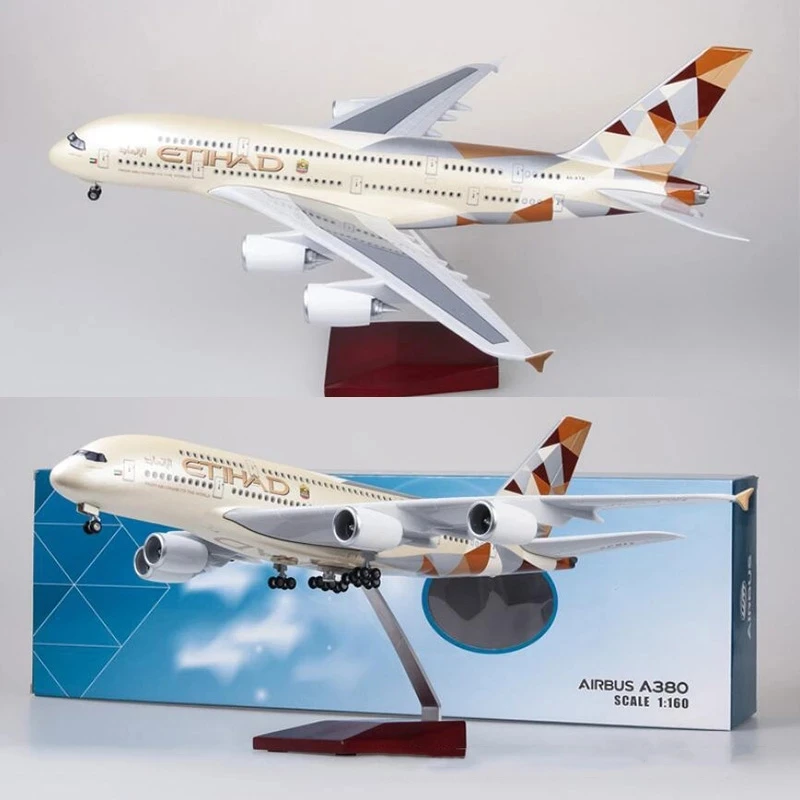 1/160 Scale 46cm A380 Etihad Air bus Airplane Models Aircraft Display Diecast Aircraft with LED Light (Touch or Sound Control)