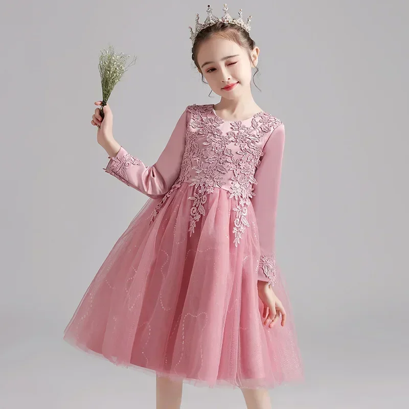 Girls\' formal dress spring new children\'s clothing long sleeved fluffy skirt little girl hosting runway show princess