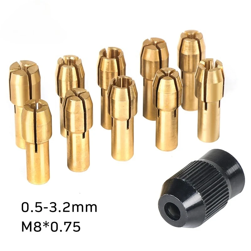 11PCS/lot Mini Drill Brass Collet Chuck for Dremel Rotary Tool 0.5-3.2mm Brass and Nut for Dremel Accessories Set