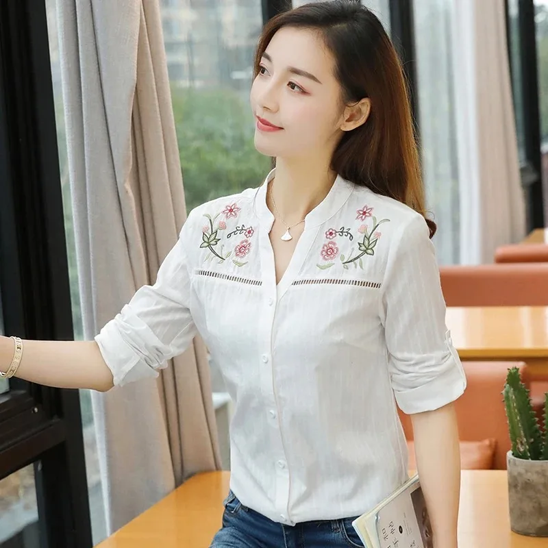 Fashion Floral Embroidery Women\'s Blouse Casual Long Sleeve Tops Elegant White Office Lady Shirt Women Clothing Blusas D839 30