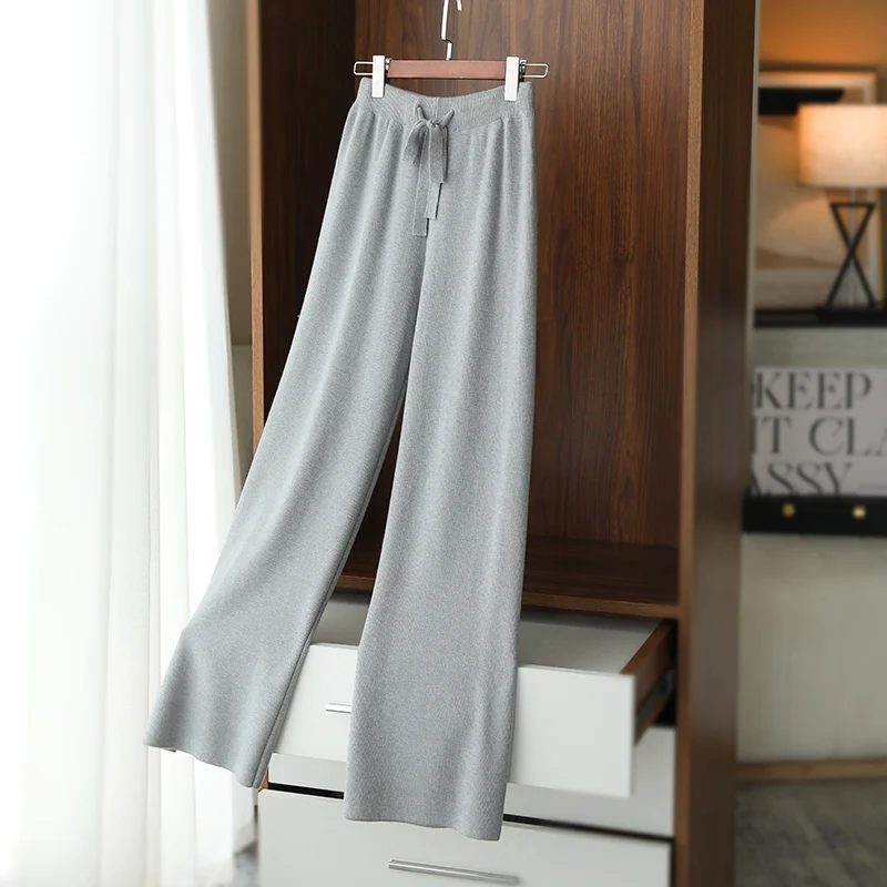 Women Pants Winter New Soft Waxy Comfortable High-Waist Cashmere Knitted Pants Female Solid Color Casual Wide Leg Pants Spring