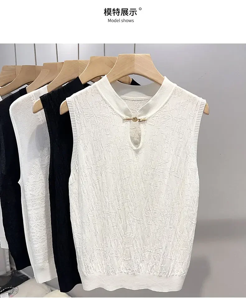 Large hollowed out ice silk vest for women, new Chinese style sleeveless top, slimming  trendy T-shirt