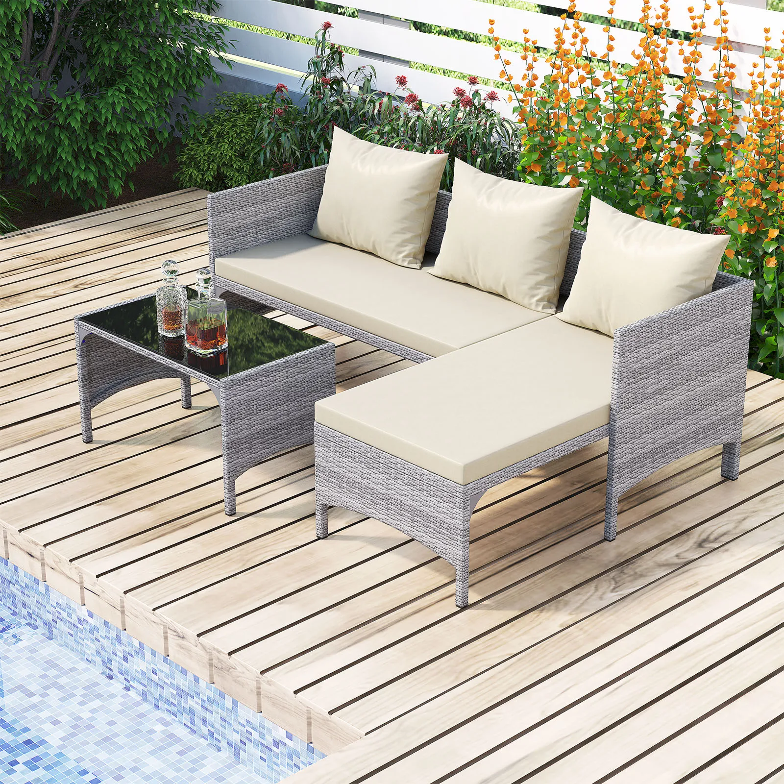 3 Pieces Rattan Chair Set Woven Rattan Home Garden Furniture Set with a Coffee Table, Suitable for Outdoor Patio and Bistro