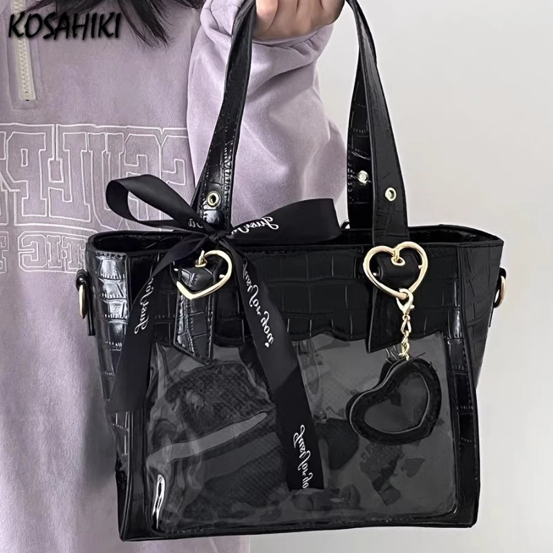 Y2k Aesthetic Heart Women Ins Simple Crossbody Bag All Match Sweet Bow Handbags Pu Leather Fashion Trendy  Bags Korean