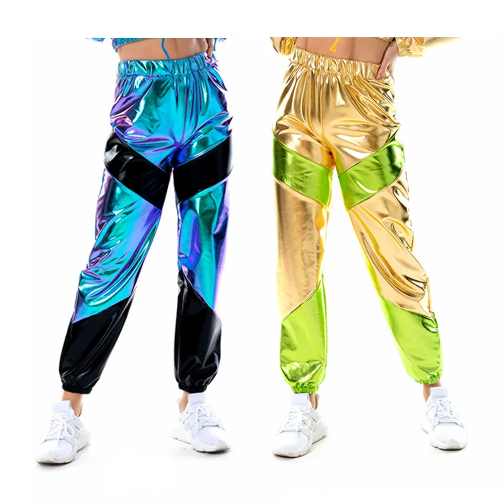 

Street Style Women Reflective Long Pants with Pockets High Waist Loose Holographic Patchwork Trousers Club Dance Pants Clubwear