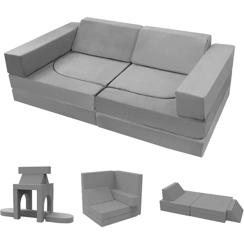 10-Pieces Kids Play Couch, Toddler Couch for Playroom, Grey