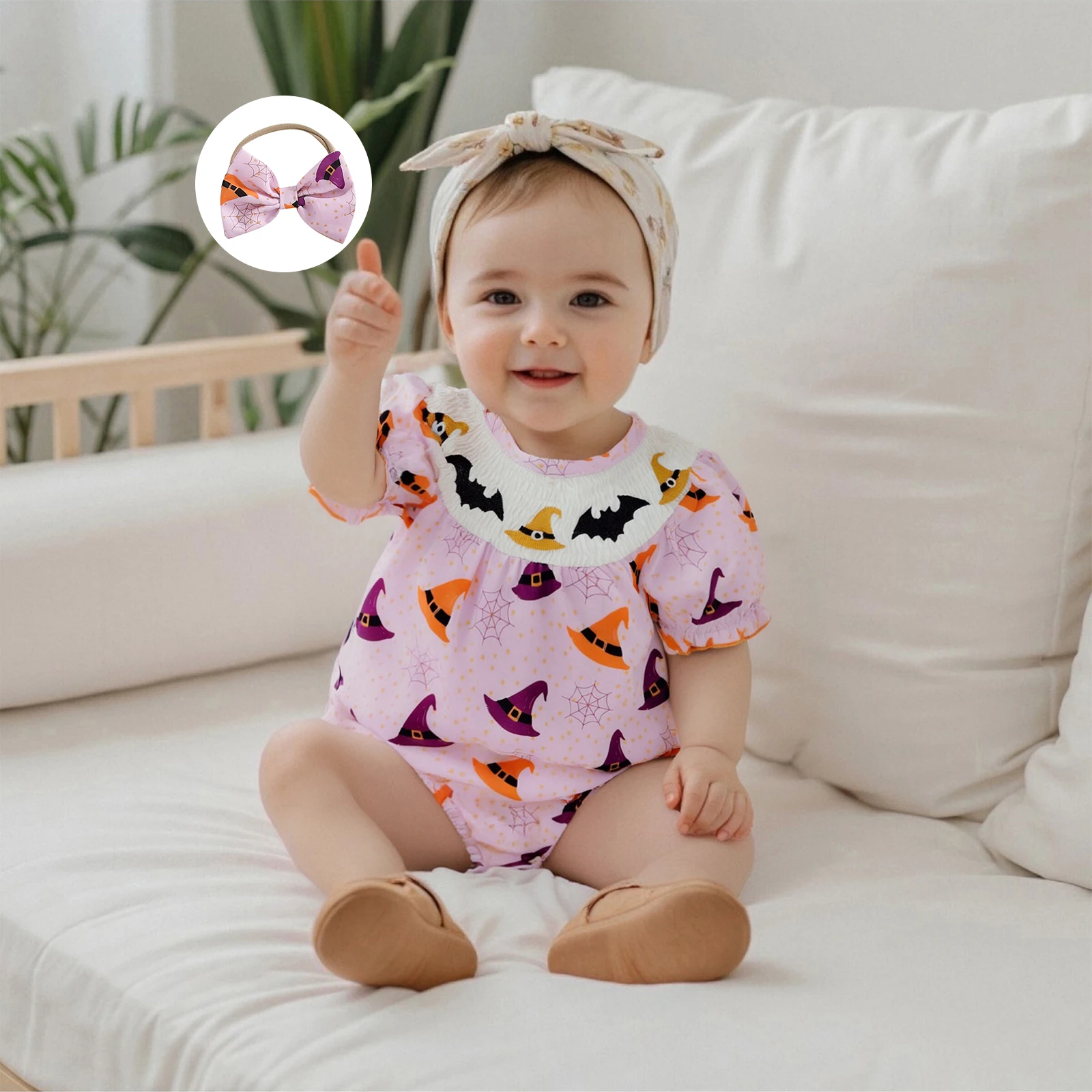 

Autumn Infant Baby Girls Romper Playsuit Short Sleeve Embroidery Baby Halloween Jumpsuit+Headband Newborn Clothes