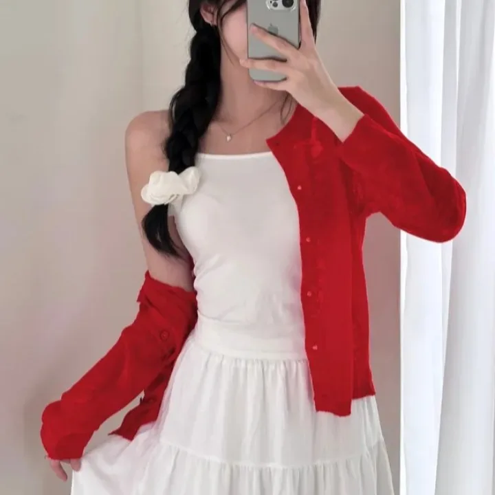 Chic Early Autumn Thin Knitted Sweater Women's Simple Sle Embroidered  Long Sve Sun Protection Open Cardigan ro...