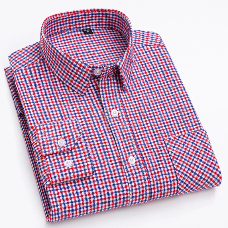 Plaid Shirt Luxury Men's Long Sleeve Social Regular Fit Leisure Soft Smart Casual Flannel 100% Cotton Checked with Front Pocket