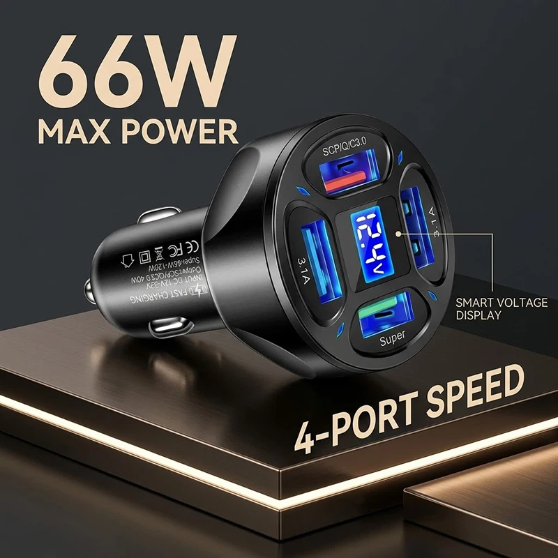 66W Fast Charging Car Adapter 4-Port USB Cigarette Lighter Splitter with LED Digital Voltage Display For Dash Cam Tablet