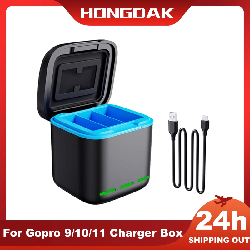 

HONGDAK For GoPro Hero 9 10 11 Charger Box 3 Ways Fast Charging Box TF Card Storage For Go Pro 11 10 9 Action Camera Accessorise