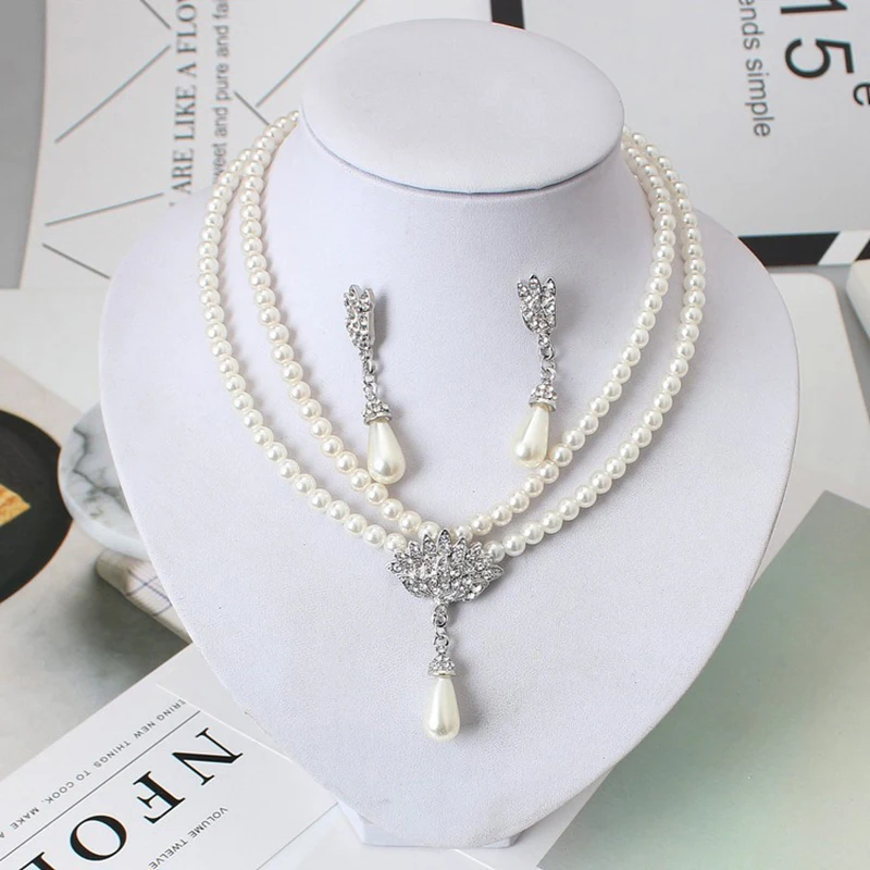 Elegant Simulated-pearl Bridal Jewelry Sets Rhinestone Pearl Necklace+Earrings Pearl Elegant Decoration Pendientes Gifts