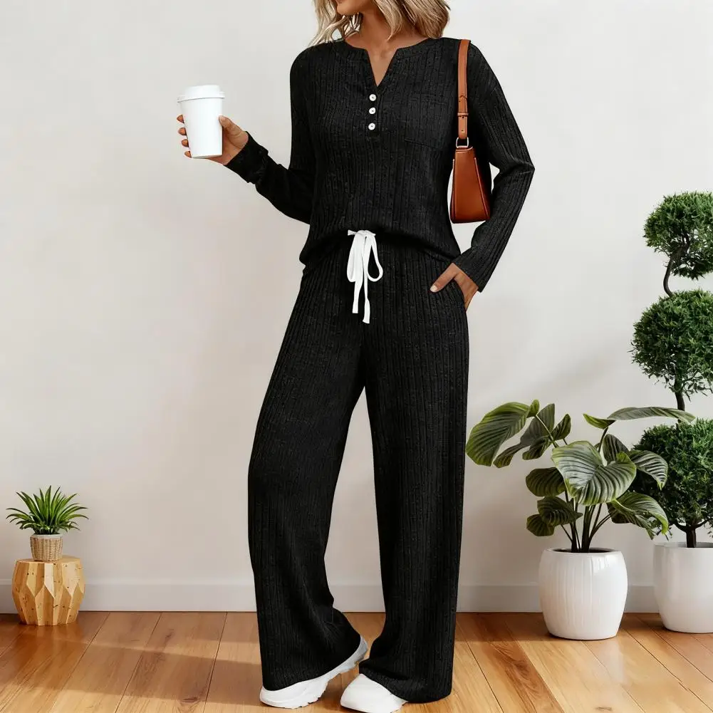 

2025 Thick Ribbed Warm Women's Pajamas Set Winter Sleepwear Lounge Wear Set Long Sleeve Top Wide Leg Pants Women Home Suit