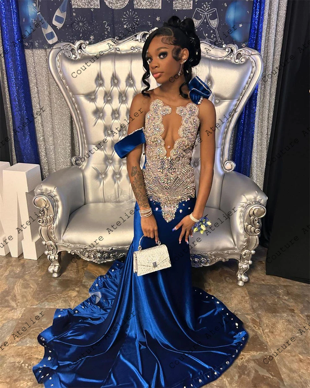 Sexy Royal Blue See Thru Prom Dresses 2024 For Blackgirls Mermaid Dress Party Evening Elegant Celebrity Rainbow Customized