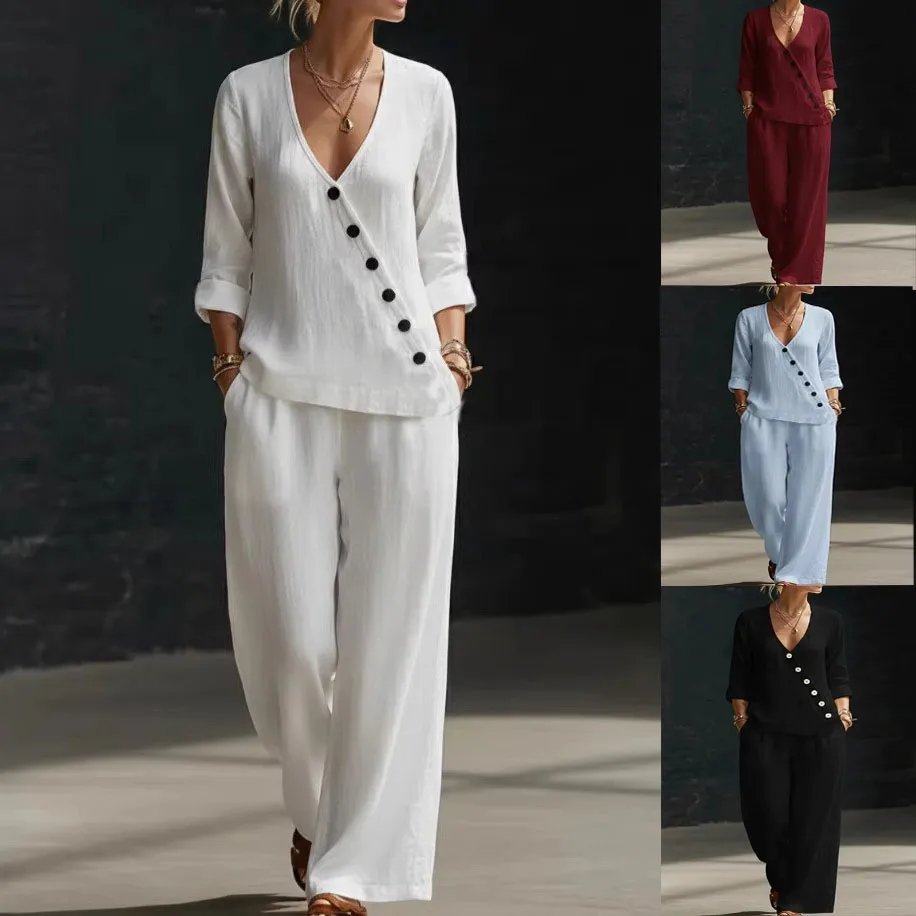 

Fashion V-neck Slash Women's Long-sleeved Shirt Suit Spring Autumn New Casual Retro Loose Wide-leg Trousers Female 2 Piece Set