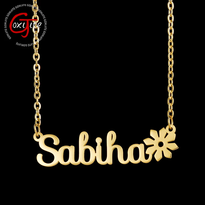 

Goxijite Personalized Name Necklace For Women Girls Stainless Steel Customized Nameplate Choker With Flower Best Birthday Gift