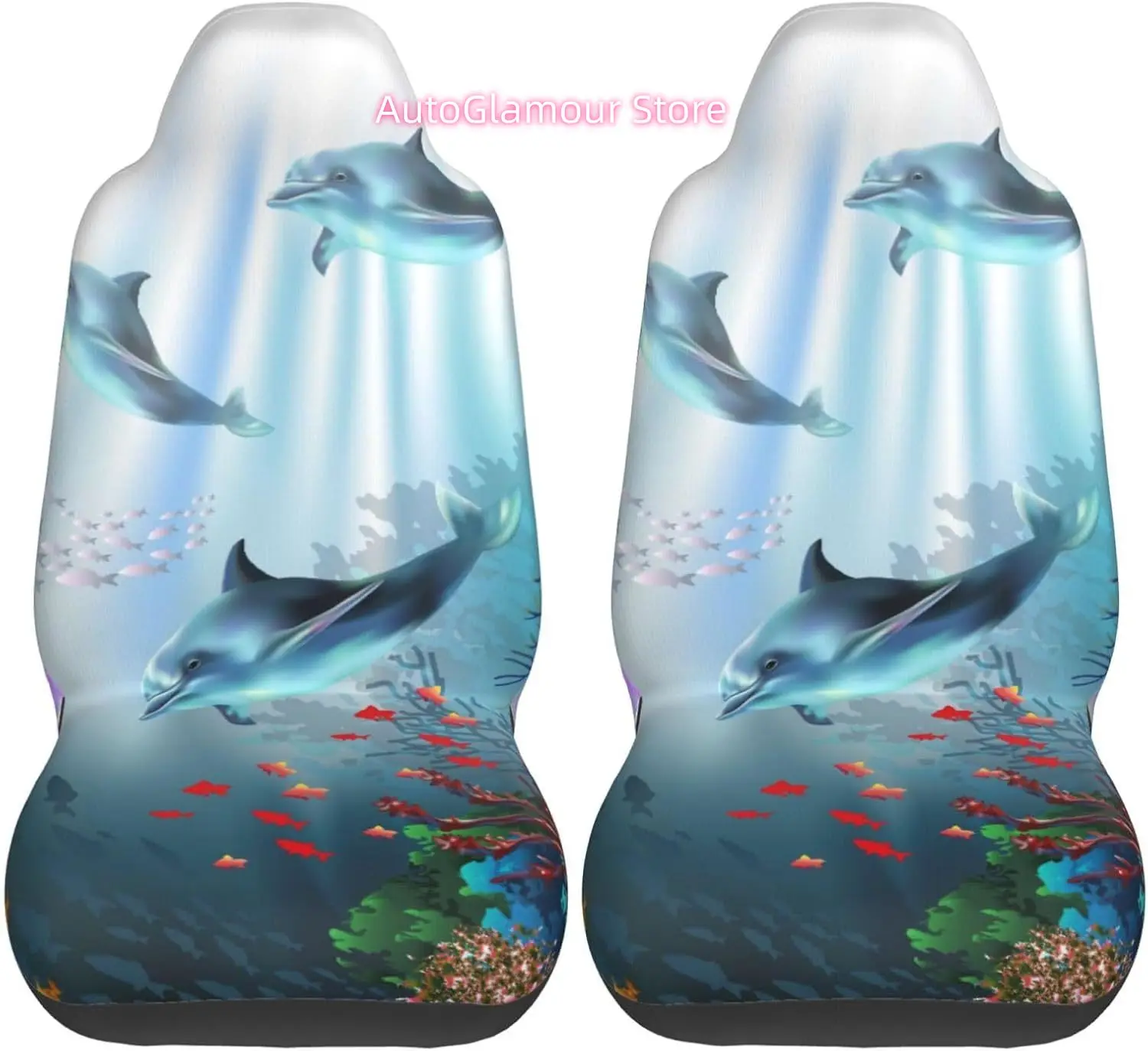Underwater World Coral Fish Dolphin Plants Marine Universal Car Seat Covers 2-Piece Set - Stretch-to-Fit Front Seat Protectors f