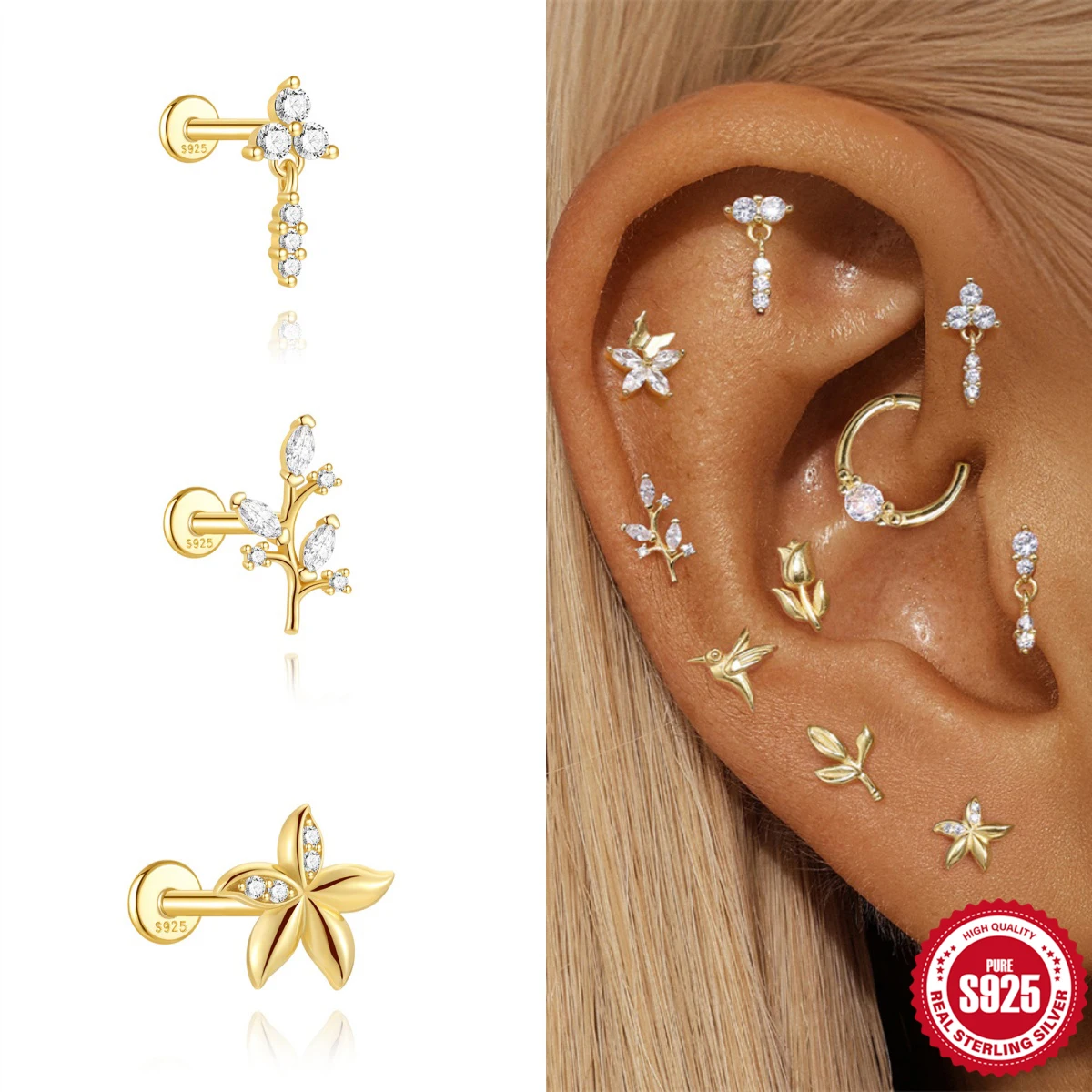 ROXI 925 Sterling Silver Rose/leaves/bird zircon Piercing Earring For Woman Flat head thread exquisite design fine jewelry Gifts