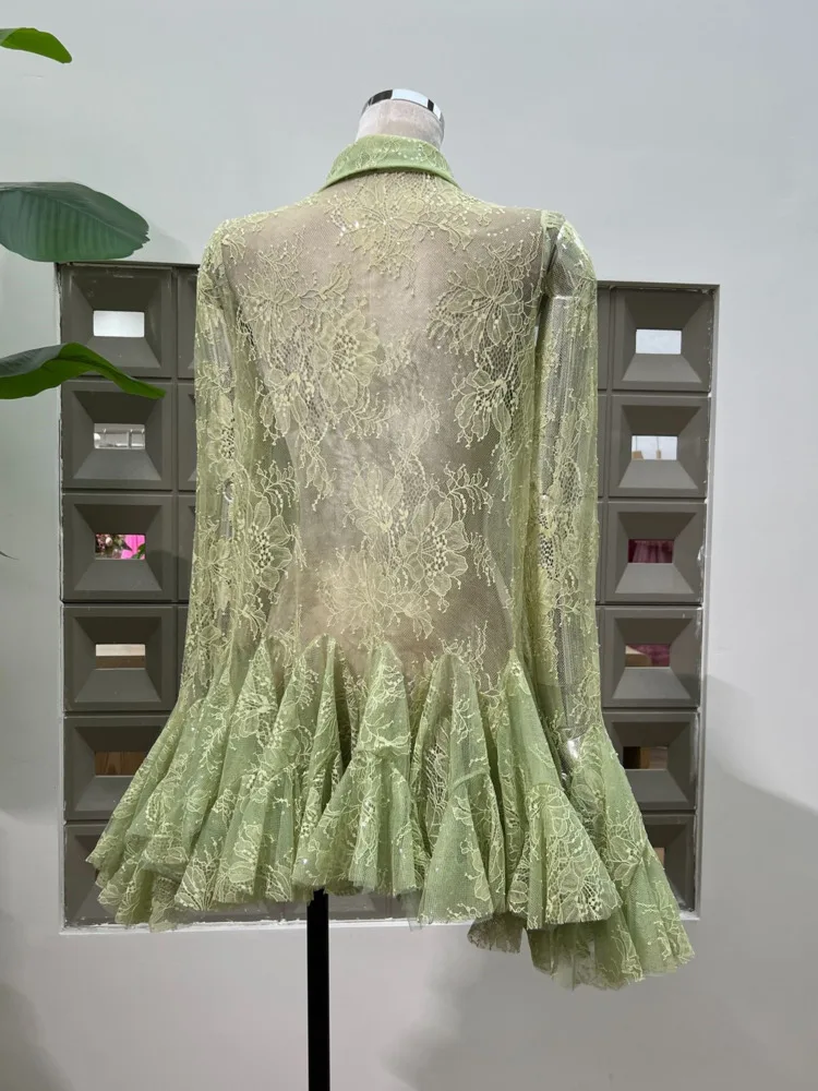 DFDG Women’s Designer Sheer Lace Blouse With Sequin Floral Cut Out Lapel Long Bell Sleeve Spring And Summer Elegant Shirt