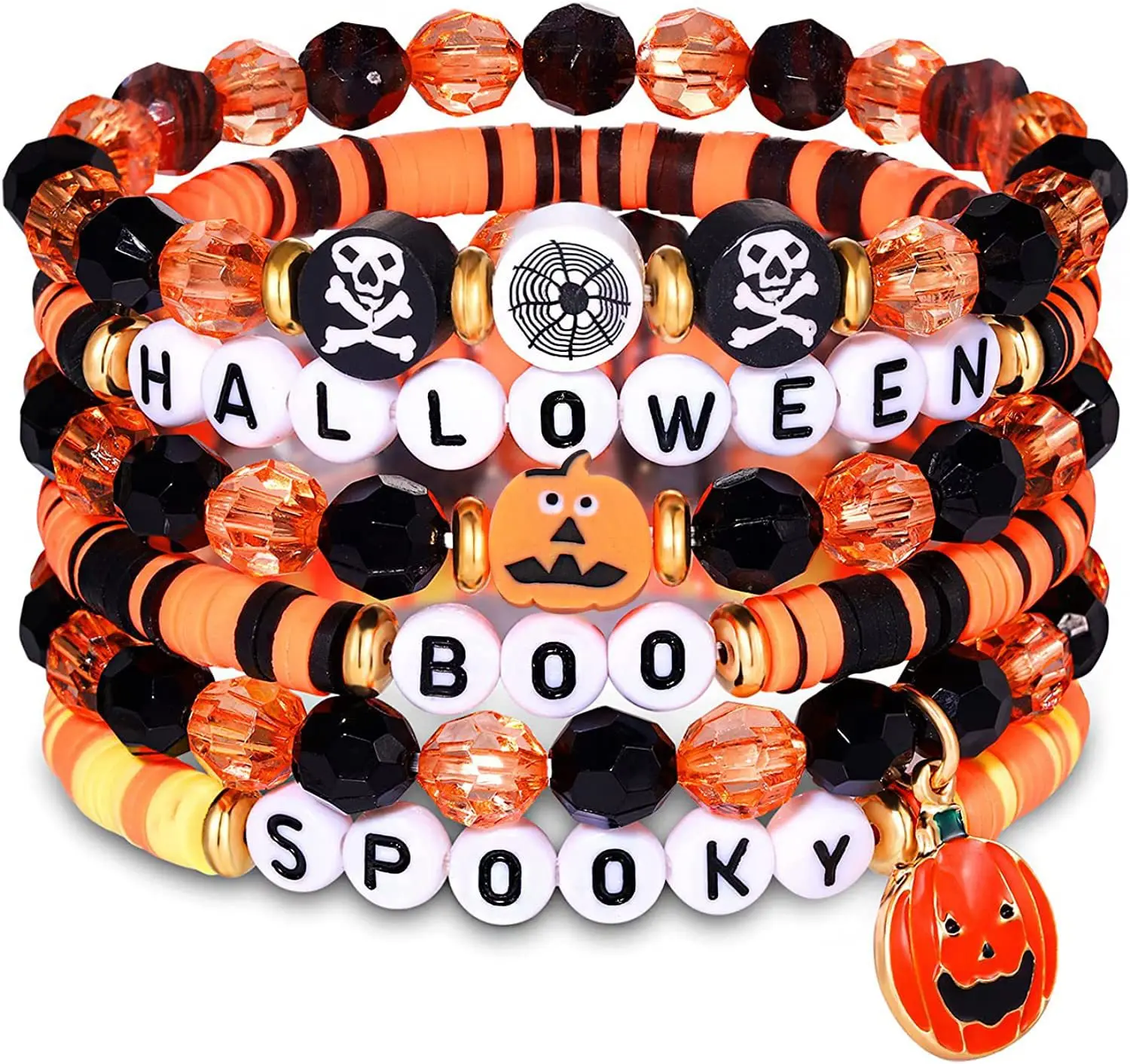 17.5 cm Pumpkin Switch Charm Stretch Beaded Bracelets for Women for Halloween Party Favors Disc Clay Beaded Halloween Bracelets