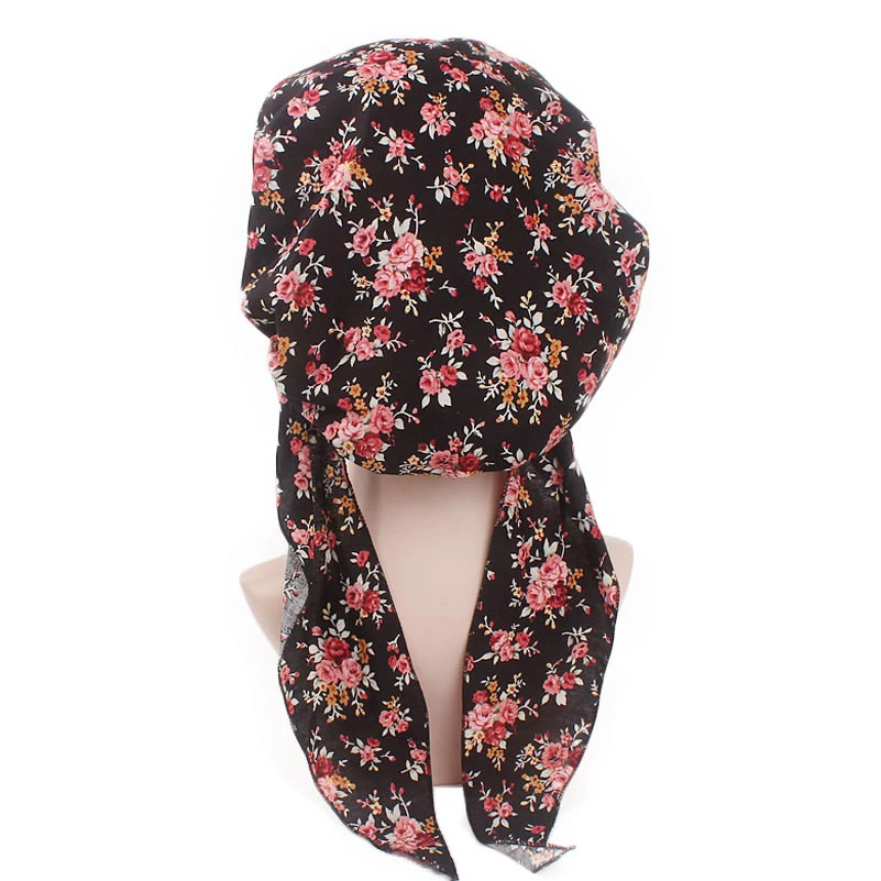 Women Muslim Pre-tied Hijab Hat Turban Bonnet Long Tail Floral Print Head Cover Wrap Caps Cancer Chemo Islamic Arab Headwear Cap