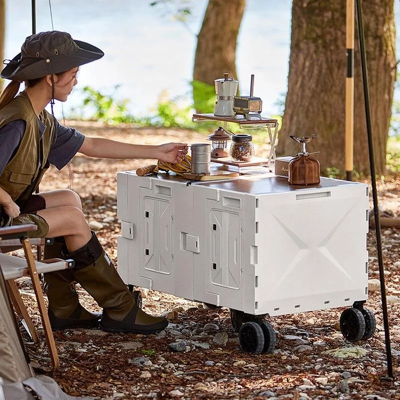 Double door camper, foldable picnic storage box, outdoor camping trolley, movable large-capacity finishing box